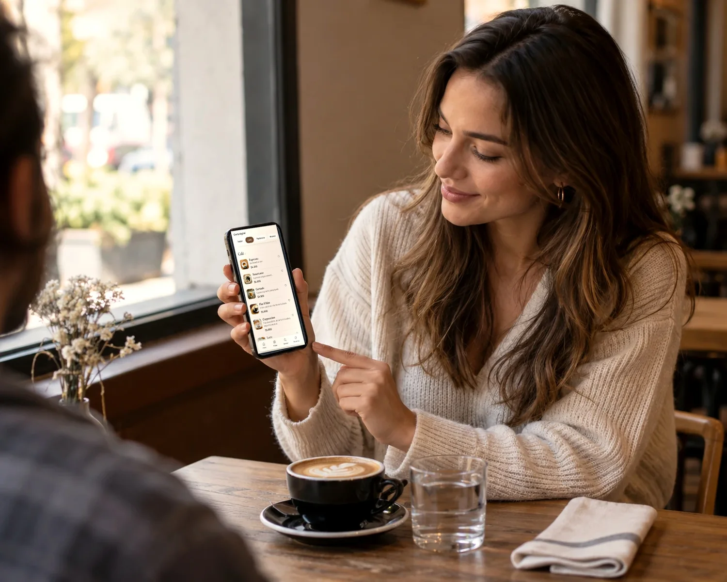 Una clienta muestra el menú digital de GastroView en su celular, en la mesa de un café